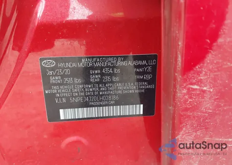 2020 Hyundai Sonata Sel Plus z USA, uszkodzony, nr VIN 5NPEJ4J20LH028186